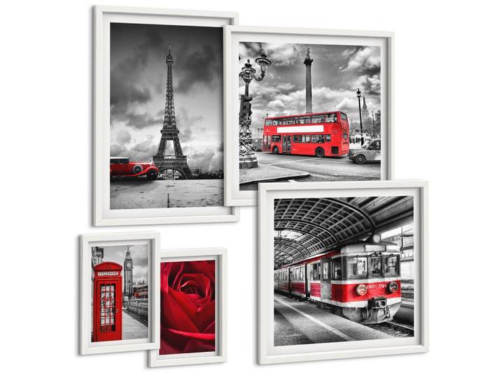 BILDER SET 5er Set - 50x50 cm & 20x30 cm & 40x60 cm Weißer Rahmen - Ikonische Städte London Paris Eisenbahn