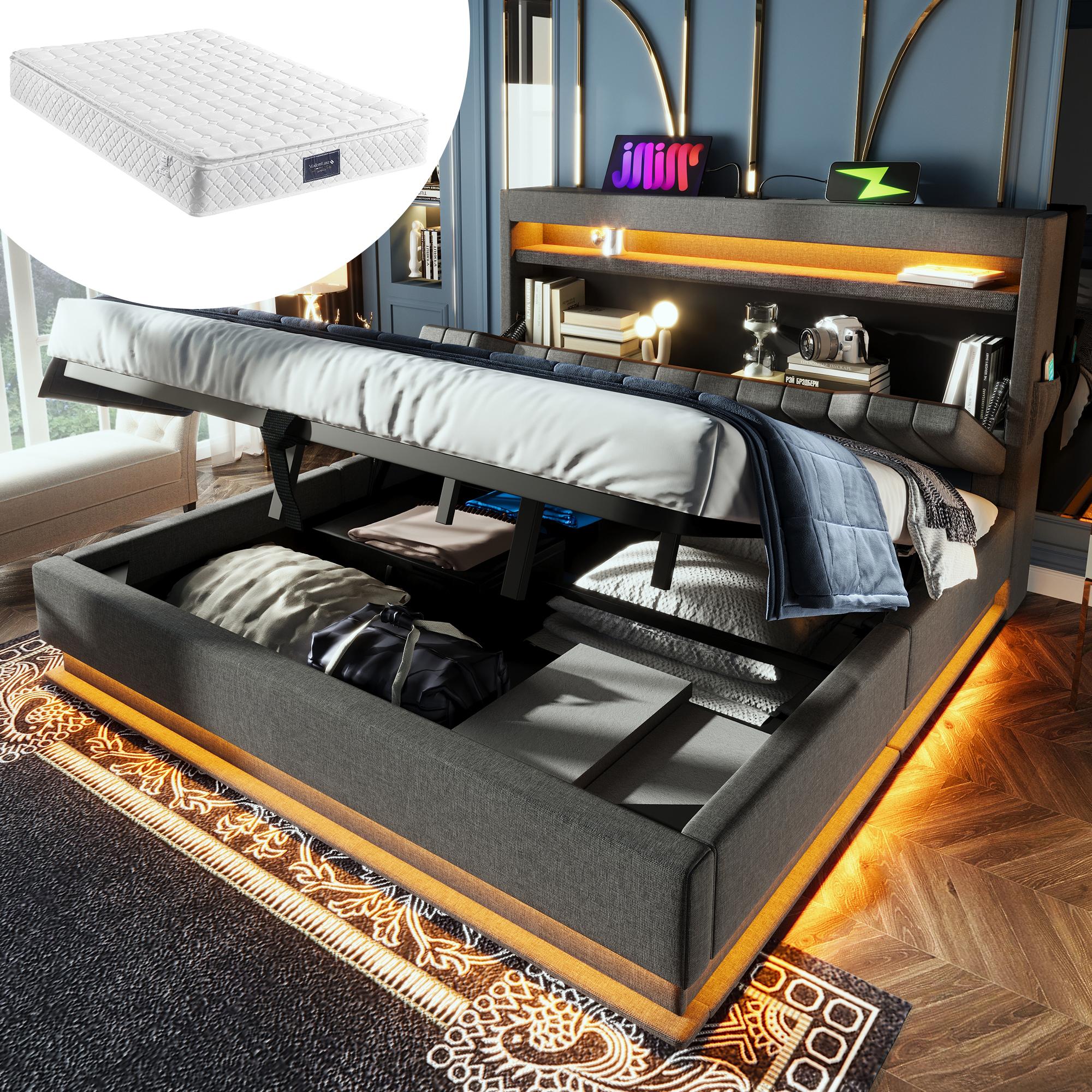 160x200cm Polsterbett Doppelbett, Stauraum-Kopfteil mit USB- und Typ-C-Anschlüssen, LED-Beleuchtung am Kopf- und Fußende des Bettes, mit Hydraulischem Stauraum