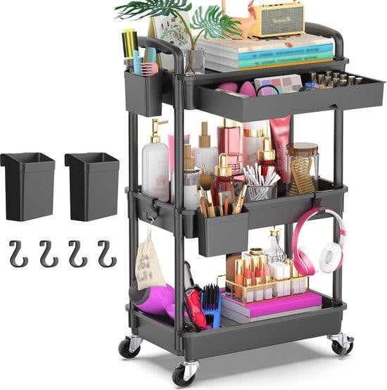 Multifunctionele 3-laags opbergwagen met lade voor keuken, badkamer, kantoor of woonkamer