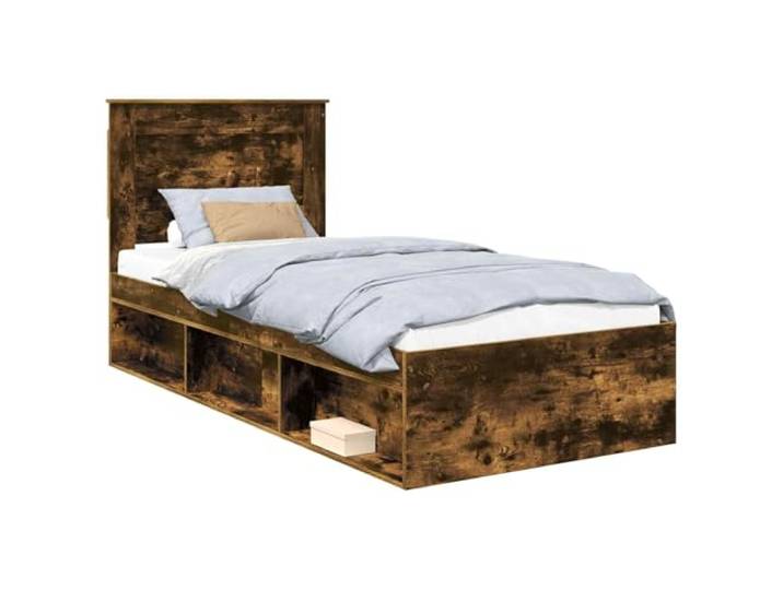 ZQQLVOO Bettrahmen Uni Räuchereiche 75 x 190 cm Massives Kiefernholz Holzwerkstoff-Rahmen, Massivholz-Kopfteil, fester Lattenrost, Räuchereiche, 75x190 cm