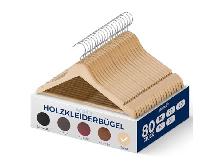 SereneLife Kleiderbügel Holz, 80 Stück- Holzbügel, Bügel, Hangers Clothes mit 360° drehbarer Haken & Einkerbungen im Schulterbereich, rutschfest & Platzsparend, für Träger & Jacken, Großpackung