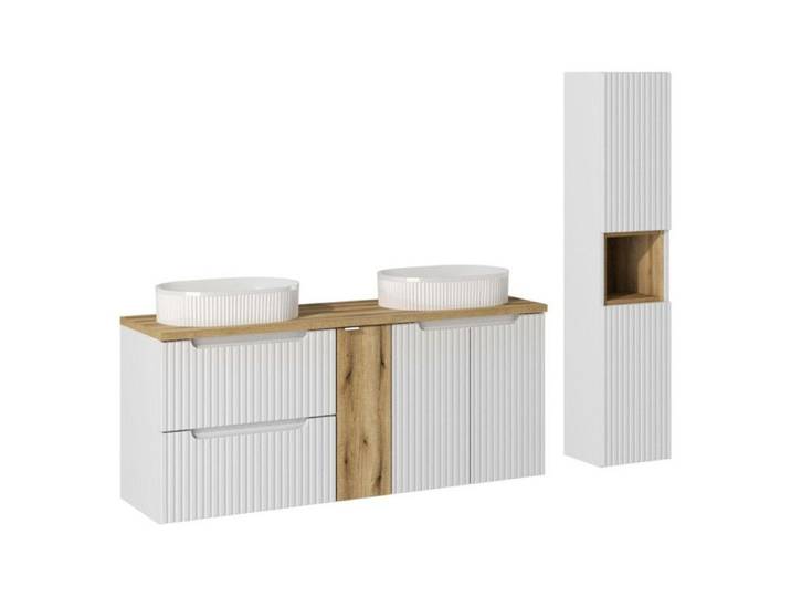 Ensemble Salle de bain Meuble double vasques + plateau effet chêne 140 cm + Colonne - A portes + tiroirs - Astral Blanc