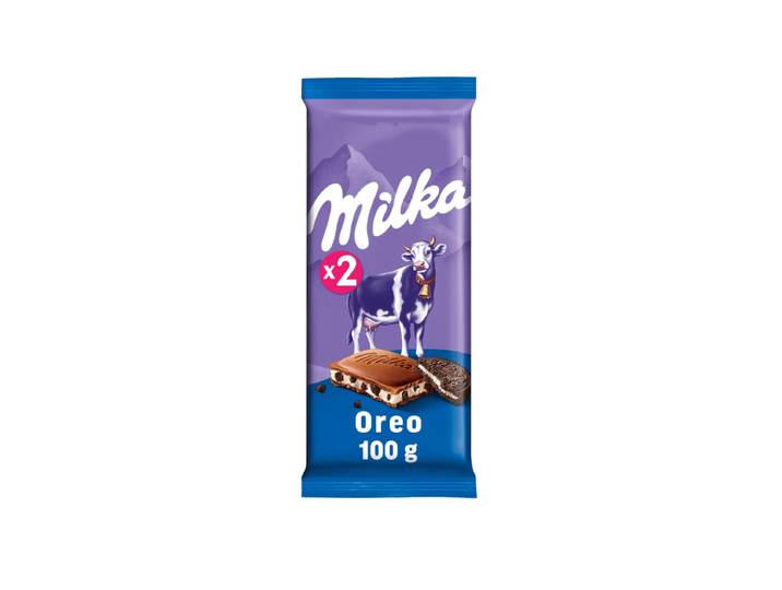 Milka Oreo Chocolat au lait des Alpes avec morceaux de biscuit au cacao et fourrage saveur vanille, 2 × 100 g