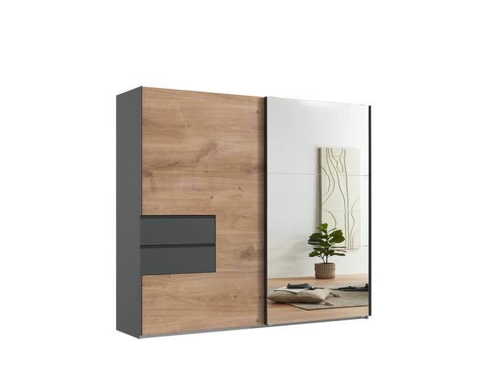Schwebetürenschrank Kleiderschrank 250 cm Spiegel Schubladen Grafit, Eiche Dekor / 22051