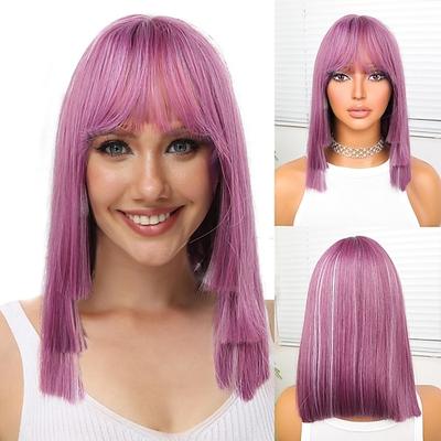 Synthetische Perücken Glatt Natürlich glatt Mittelscheitel Gerader Pony Perücke 12 Zoll Pink-violett Synthetische Haare 12 Zoll Damen Weich Lila