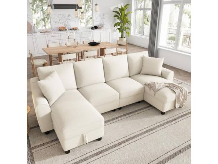 Modernes Chenille U-Form Sofa, 2-Sitzer mit zwei Chaiselongues als Ecksofa, mit zwei Kissen, Chaiselongues mit aufklappbarem Stauraum, multifunktionales modulares Sofa, Beige, Maße: 280 × 137 × 84 cm