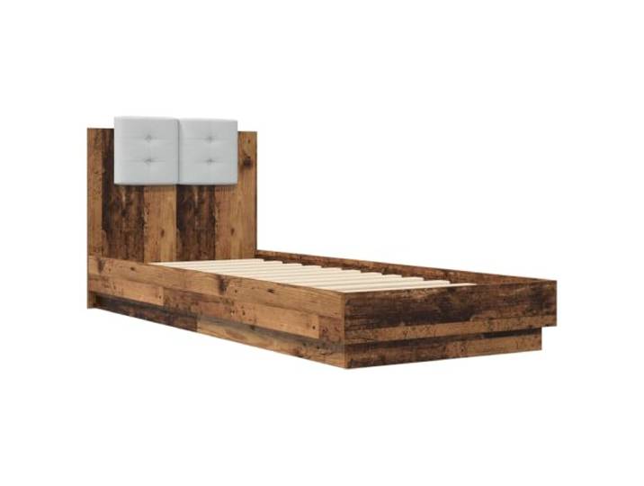 KTHLBRH Bettgestell mit Kopfteil aus antikem Holz USB-LED-Leuchten, technisches Holz, modernes Design, einfache Montage