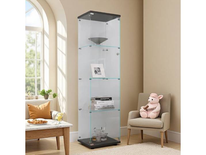 Vitrine Vitrine en verre 4 étagères avec porte Vitrine transparente Armoire de rangement de sol en verre avec serrure Noir