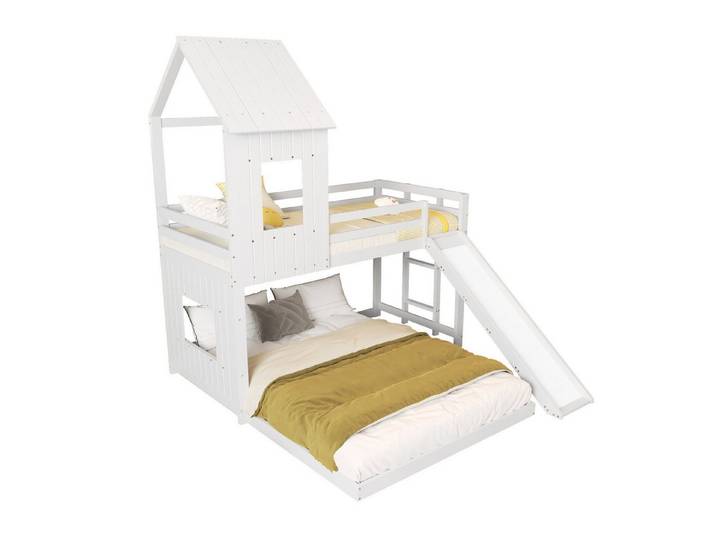 Merax Etagenbett, Kinderbett 90x200cm mit Unterbett 140x200cm, Hochbett Stockbett