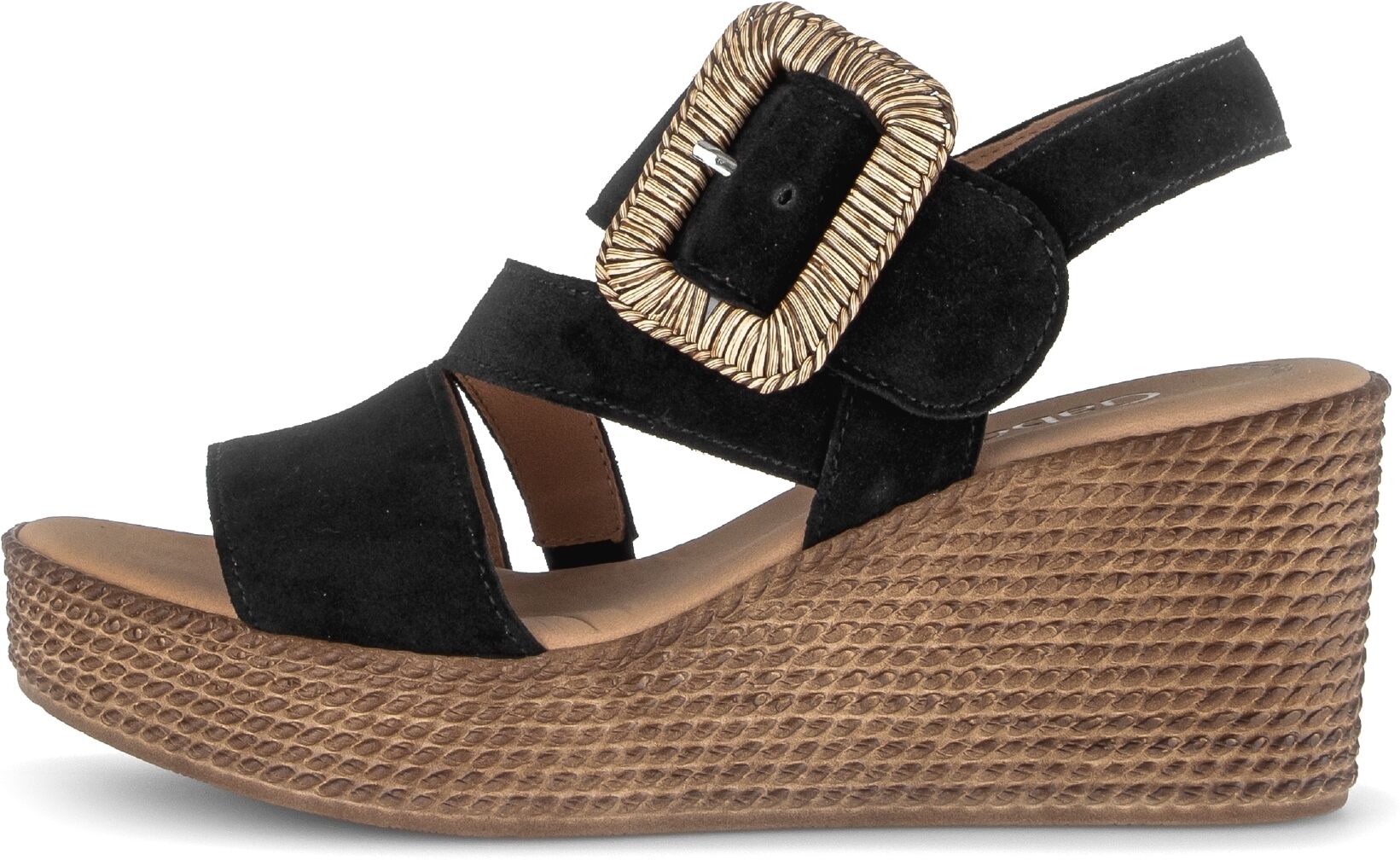 Keilsandalette GABOR, Damen, Gr. 37, Leder, schwarz, Veloursleder, unifarben, Schuhe Keilsandalette, Sommerschuh, Riemchensandale mit auffälliger Zierschnalle schwarz 37, Leder