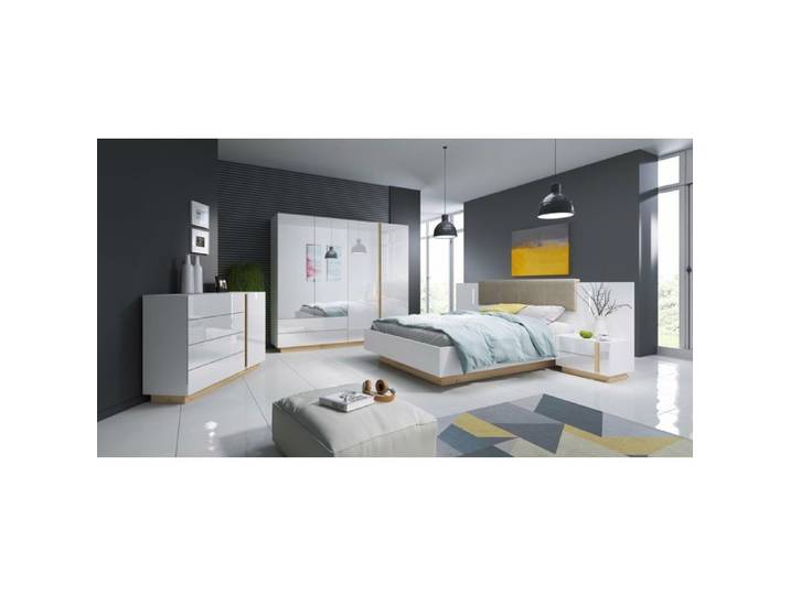 Chambre complète avec Lit coffre 160cm Chevets Commode et grande Armoire - BRYCE - Blanc brillant