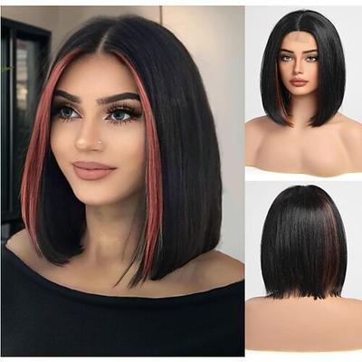 Bob-Perücke mit Spitzenfront, kurze Bob-Perücke, hitzebeständige Faser, passt perfekt zu 12 Zoll, Kupferbraun, Braun, Hellblond, Hellblond, Schwarzblond