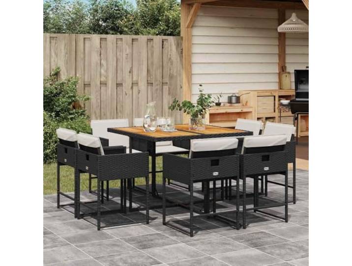 HEFZGDB 9-TLG. Garten-Essgruppe mit Kissen Schwarz Poly Rattan, Klappstühle mit Akazienholz Tischplatte, Wetterfeste Outdoor Möbel für Terrasse