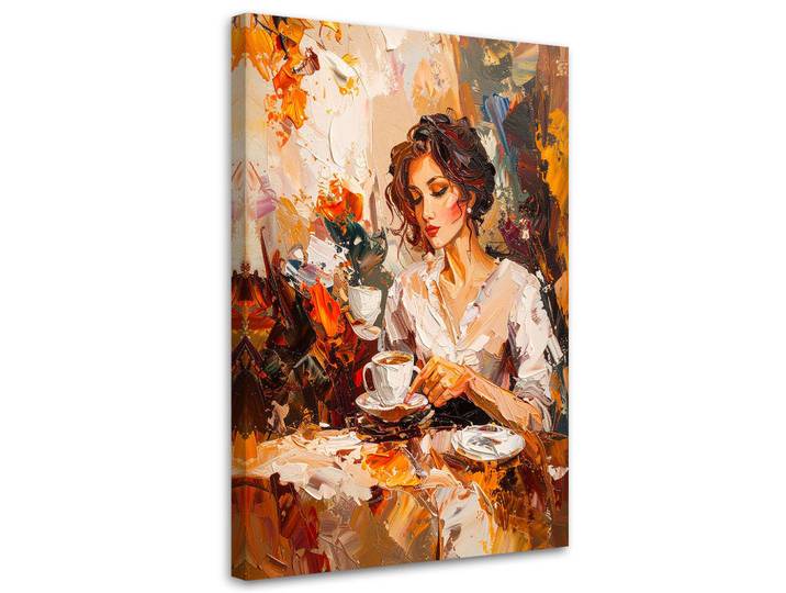 Feeby Leinwandbild Frau trinkt Kaffee Imitation von Farbe 70x100cm, Orange, Person/Charakter, Rechteckig, 70x100 cm, Bilder & Rahmen, Bilder, Leinwandbilder