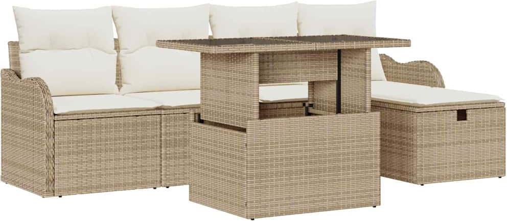 Modulares Garten-Loungeset, 6-teiliges Outdoor-Sofa mit Stauraumfunktion, Poly Rattan, Beige, inkl. Gartentisch aus gehärtetem Glas, 5 Sitzplätze