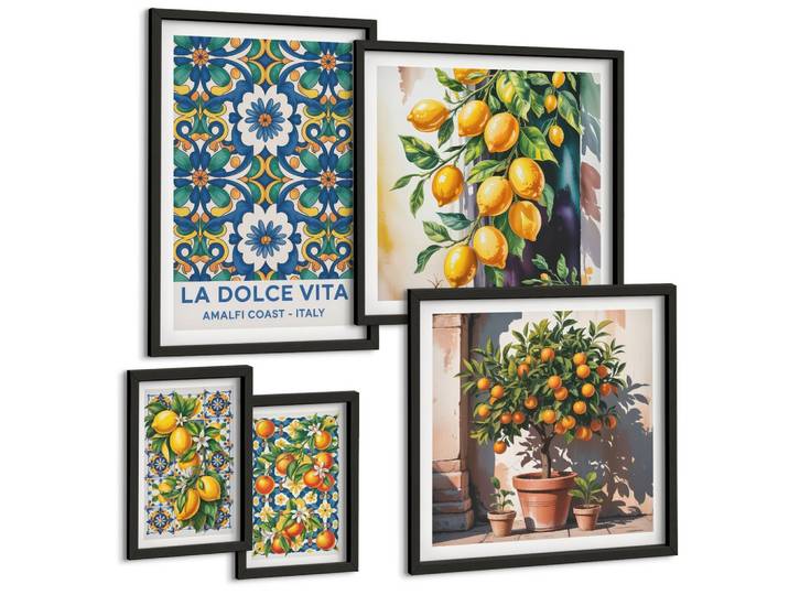 BILDER SET 5er Set - 50x50 cm & 20x30 cm & 40x60 cm Schwarzer Rahmen - Zitronenlimonade blaue Tür