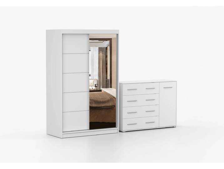 Schwebetürenschrank und Kommode 2er-Set NEOMI 05/FRIDA 02 Weiß Weiß + Spiegel