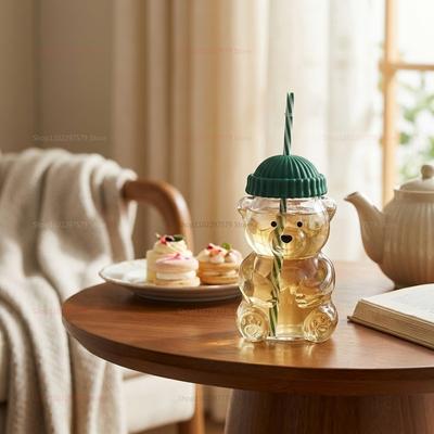 ModernMart Cute Bear Glass Cup With Straw And Borosilicate Drinkware Mug Cute Bear Glass Cup With Straw And Borosilicate Drinkware Mug