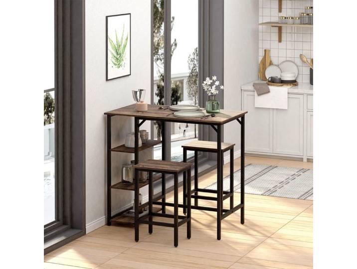 Table de bar - PAGE LIVING - Ensemble bar (table + 2 tabourets) - Marron Rustique - 109x60x100 cm - Étagère 3 niveaux