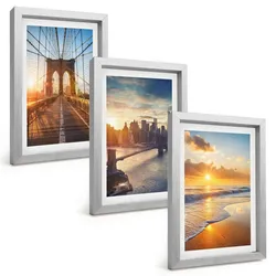 BILDER SET 3er Set - 20x30 cm Silberner Rahmen - Brücken, Sonnenuntergänge, Stadt