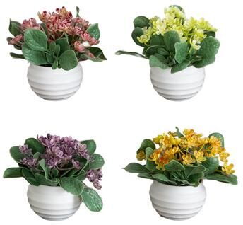 Nearly Natural 4-in Mini Hydrangea Plant in White Decorative Oval Planter - Set of 4