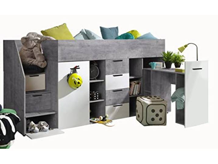 MEBLE KRYSPOL KONKRET 3 Hochbett für Kinder, Jugendliche mit Stauraum - Etagenbett mit Schreibtisch, Schrank, Regal, Schubladen, Treppe - 248,5x93x123 cm - Beton, Weiß mat, Schwarz