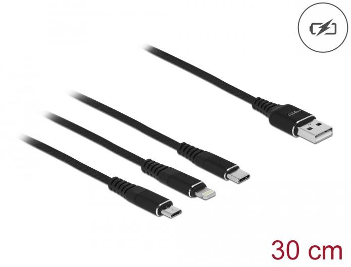 Delock 87152 USB-A Ladekabel Lightning/Micro USB/USB-C, 30 cm, Zwart