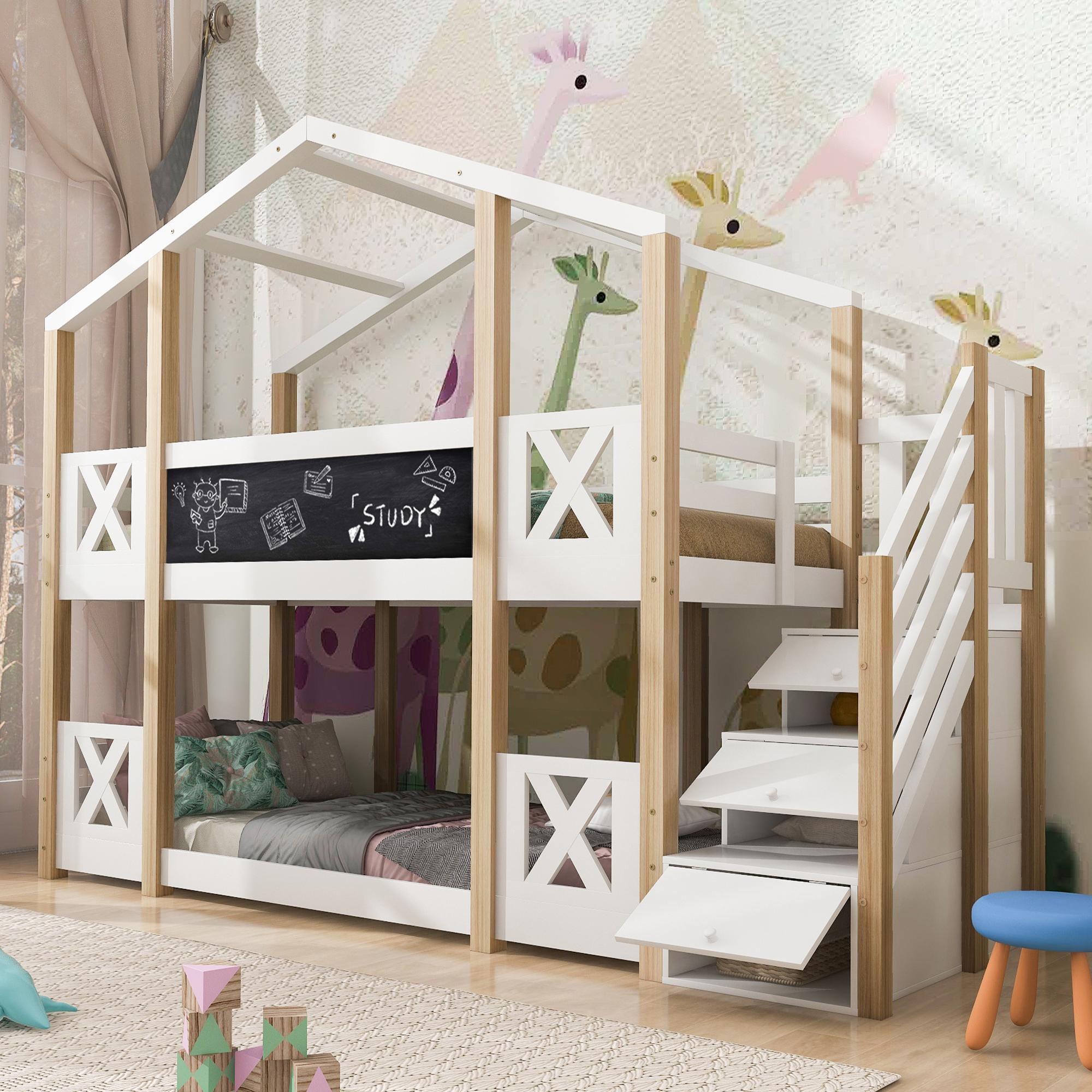 Kinderhochbett Baumhaus 90x200cm, mit Stauraum, breiter Rolltreppe, Rausfallschutz, 2x Lattenrost, Weiß