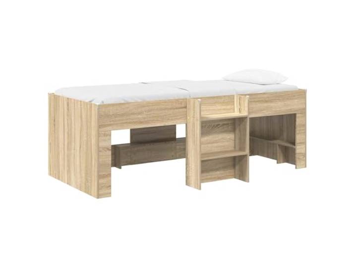PUGYNBK Hoher Bettrahmen Sonoma Eiche 90 x 190 cm Mit integrierter Leiter, robustes Holz, Eckenschützer aus TPE, Aufbewahrung unter dem Bett