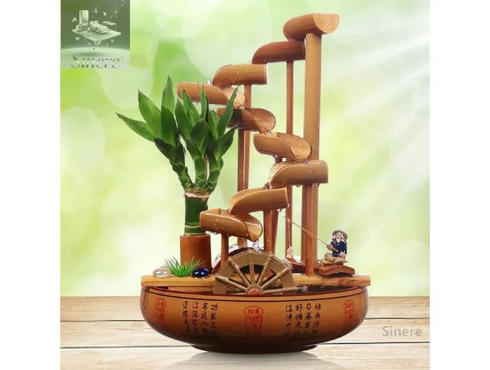 Fontaine d'eau courante en céramique, ornement, roue Feng Shui, roue d'eau créative porte-bonheur en bambou, maison, salon, bureau