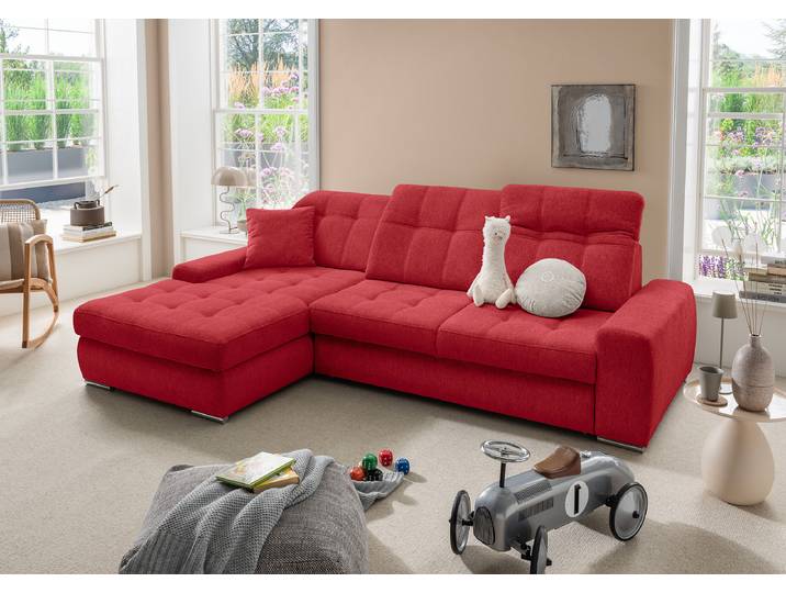 Ecksofa mit Schlaffunktion Rot Webstoff Jimin 186 x 101 x 283cm Longchair davorstehend links mit Schlaffunktion Basic