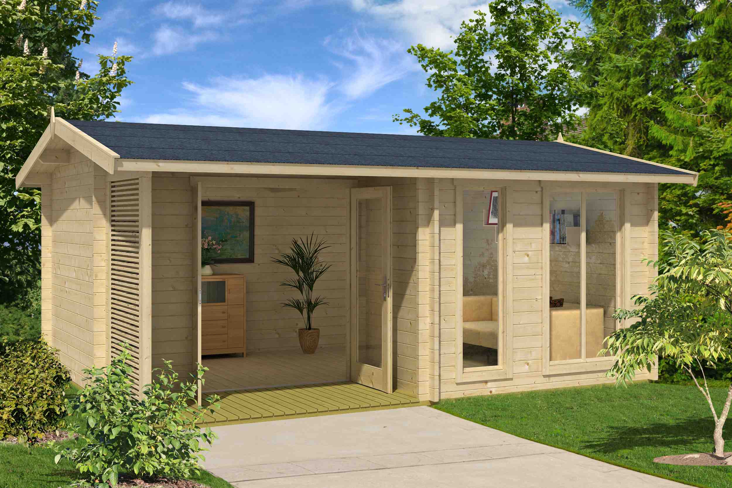 Lasita Maja Gartenhaus Brighton 44 ISO Gartenhaus aus Holz in Grau, Holzhaus mit 44 mm Wandstärke, Blockbohlenhaus mit Montagematerial