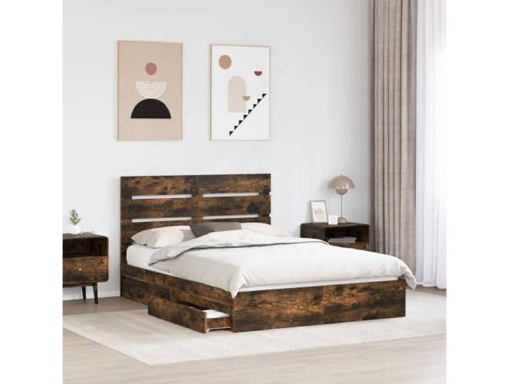 KTHLBRH Bett mit Stauraum, Kingsize-Bett, Eichengrau, 160 x 200 cm Mehrschichtiges Holz, integrierte Schubladen, elegantes Kopfteil, einfache Montage