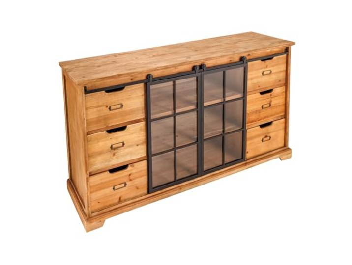 Riess Ambiente Sideboard Heritage - 148x83x40cm - Natur - Pinienholz Glas Montiert geliefert, Schubladen, Glas-Details, natürliche Maserung, hochwertige Metalloptik, Massivholz