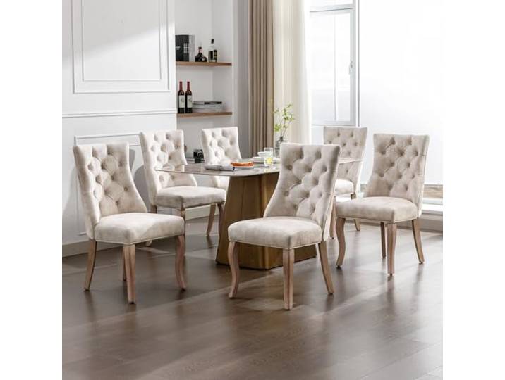 Aunvla 4-Fußstuhl, Stuhl Hellbeige Samt Esszimmerstuhl,hohe Rückenlehne, mit Knopfsteppung, Gestell aus Massivholz, Hellbeige(Set, 6St)