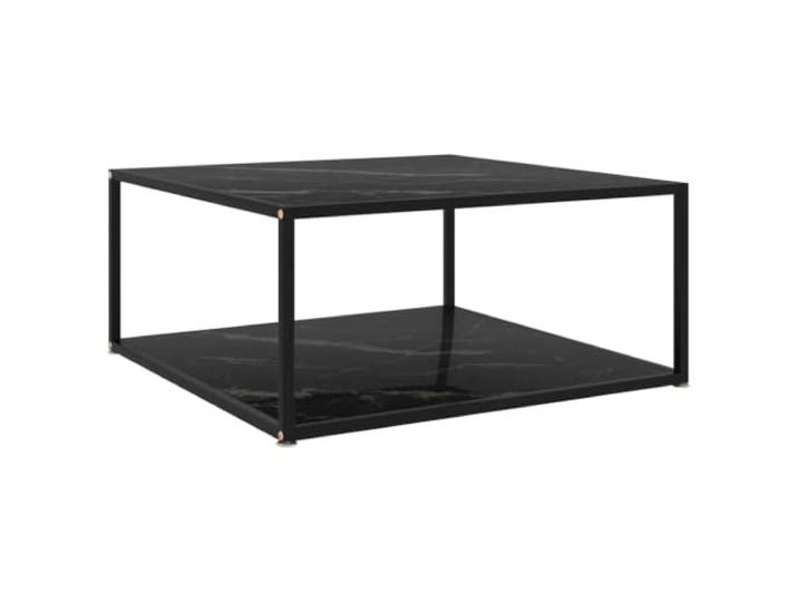 KUTYWEXFM Couchtisch 80x80x35 cm Beistelltisch Schwarz Marmor-Optik Zweistufiger Wohnzimmertisch mit stilvoller Glasplatte für Snacks und Zeitschriften, passend für moderne Loungebereiche.