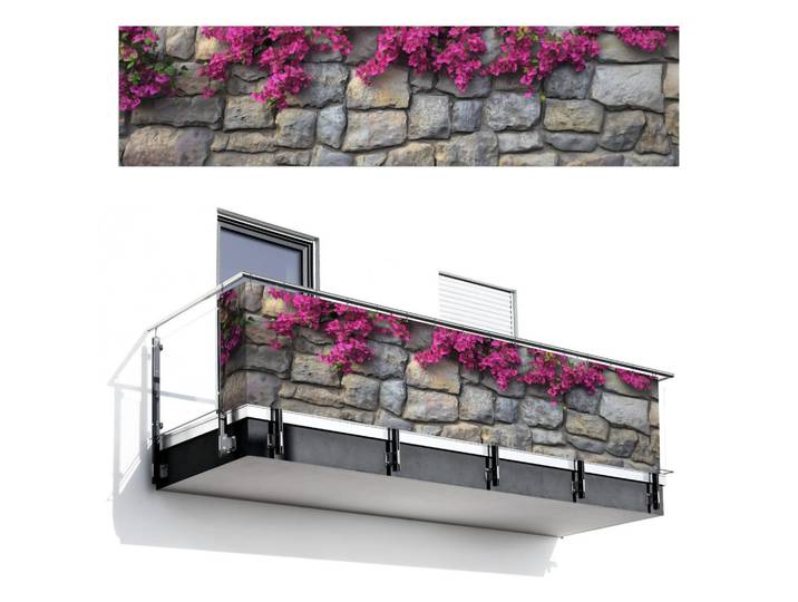 MuchoWow Balkon-Sichtschutz Bougainvillea - Steinmauer - Rosa, Magenta, Kunststoff, Rechteckig, 500x120 cm, Sonnenschutz, Sichtschutz