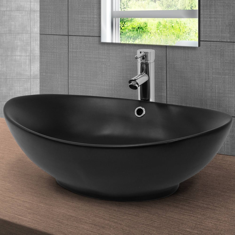 ML-Design Lavabo baño de cerámica negra ovalado con juego de drenaje