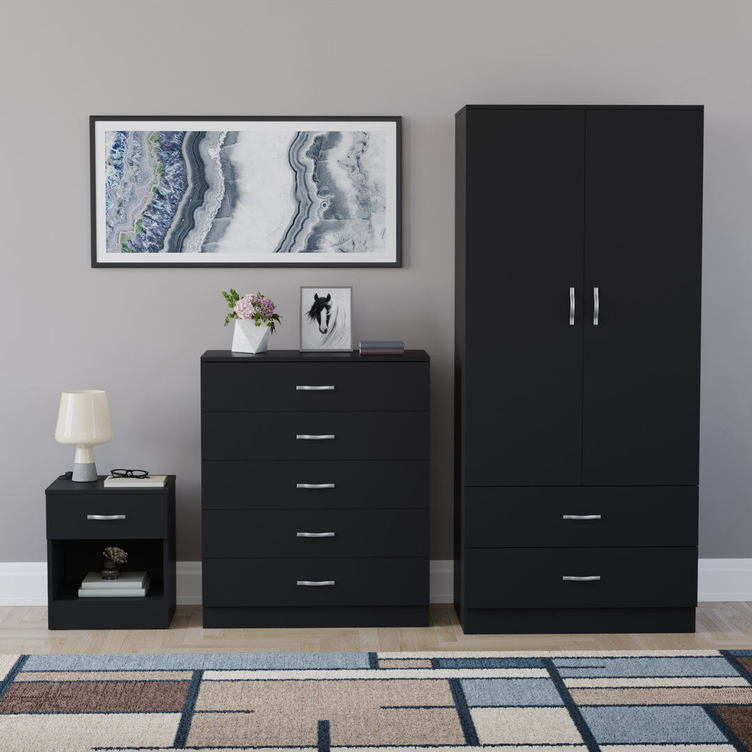 17 Stories Maybery 3 Piece Bedroom Set (1 Drawer Bedside Chest, 5 Drawer Chest, 2 Door 2 Drawer Wardrobe), (4) Black