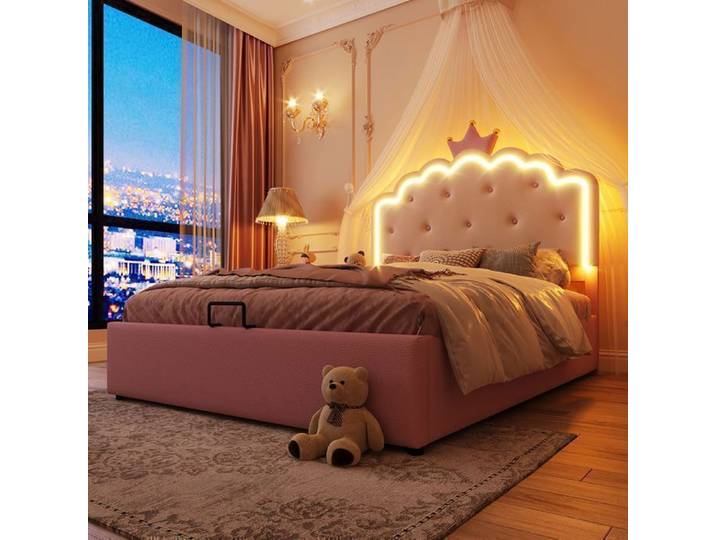 Lit coffre 140x200 cm d'ambiance télécommandé Forme de princesse héritière - SWEIKO - PU Rose
