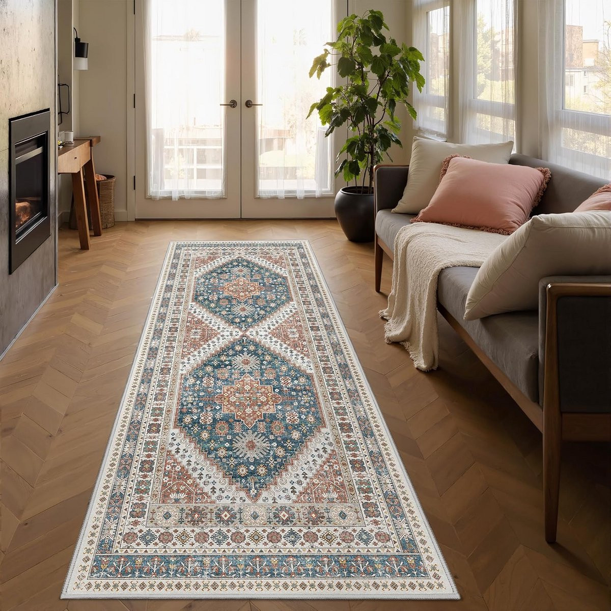 Blauw vintage runner tapijt met antislip onderkant voor gang, keuken of slaapkamer