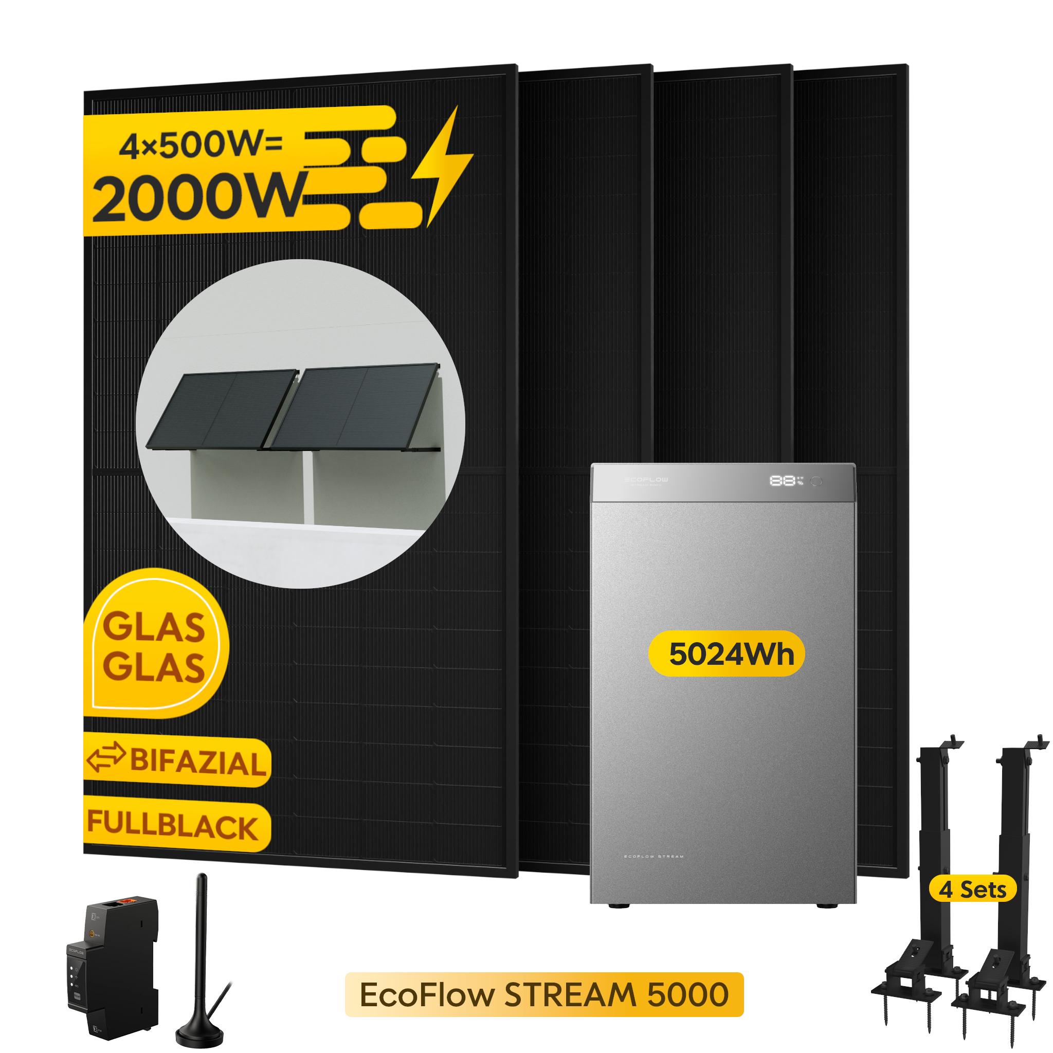 Powerness Balkonkraftwerk mit Speicher: EcoFlow STREAM 5000 Speicher 5024Wh & 4x 500W Module & Smart Meter & 4x Flachdach-Halterung