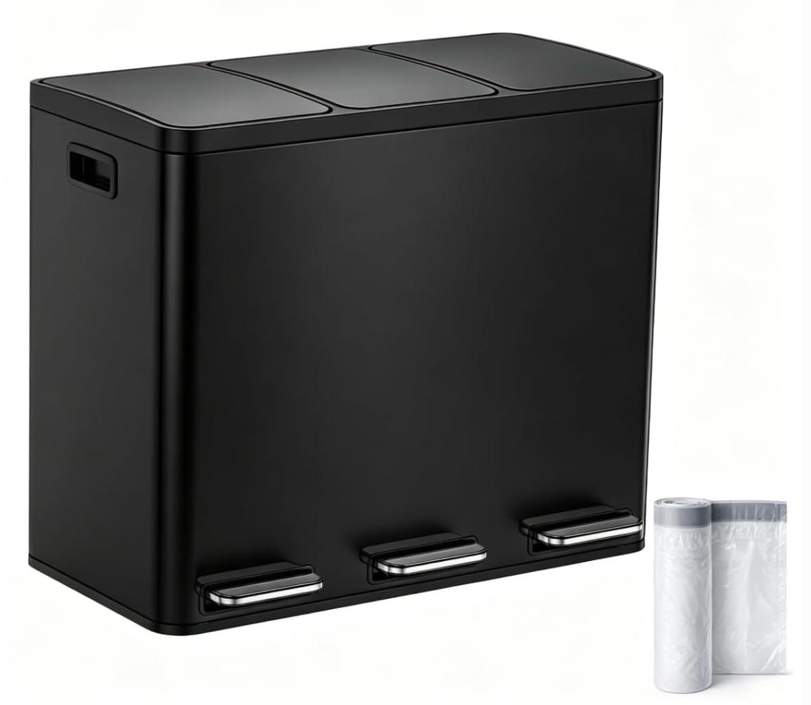 Küchenabfalleimer 54 l, 3×18 l, schwarz, Pedal, Soft-Close