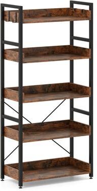 1/2 pcs 5-Tier Bookshelf Tall Freestanding Display Shelf w/ 4 Hooks