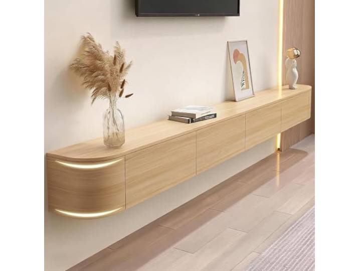 DMYKVJG Schwebender TV Schrank for 32-130 TV, Fernsehschrank Holz Fernsehtisch Hängend Medienkonsole, Komplett Montiert, Herunterklappbare Türen, Kabelmanagement,(Natural,47.2 /120cm)