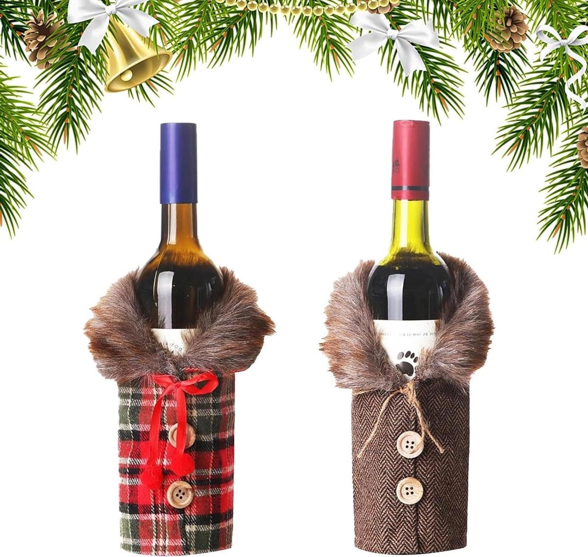 Set van 2 herbruikbare linnen kerstwijnfleszakken voor feestelijke decoratie