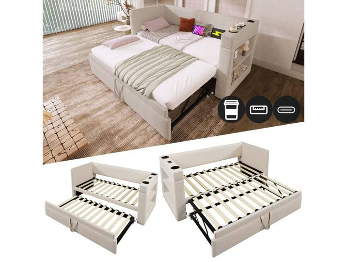 Canapé-lit gigogne - Daybed rembourré 90x190 cm - Lit gigogne avec roulettes - Accoudoirs avec ports USB et Type-C