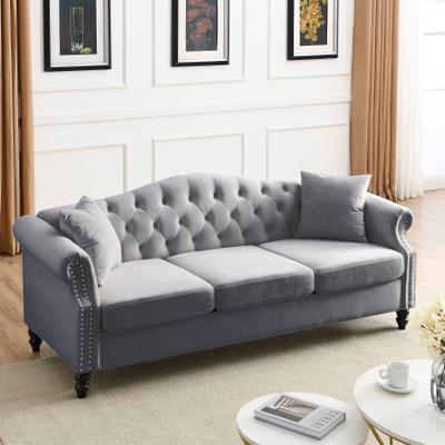 GREATPLANINC Velvet Upholstered 3 Seater Sofa, Button Tufted Deep Seat Sofa, Lounge Sofa with 2 Pillows, Rolled Arms & Nailhead Trim