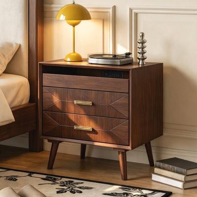 "24""Mid-Century Modern Wood Nightstand with Built-In Charging Station, 3 Diamond Embossed Drawer Bedside Table with Splayed Legs"