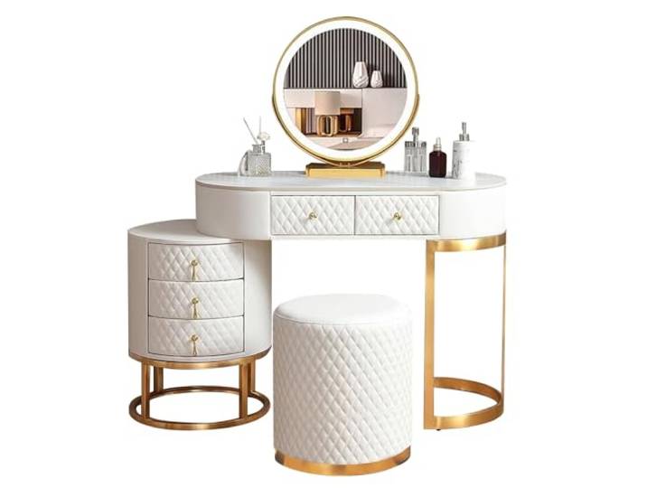 Romyqpipy Schminktisch Modern mit Spiegel, Luxuriöser Frisiertisch mit 5 Schubladen und Stuhl, Beweglicher Seitenschrank, Kosmetiktisch für Mädchen Schlafzimmer, Einfach zu Montieren